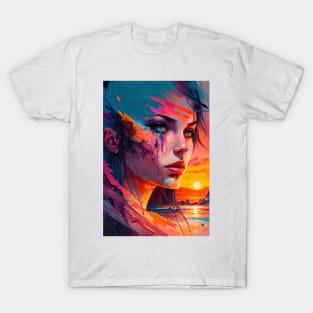 Beautiful Girl Abstract Art with Setting Sun T-Shirt